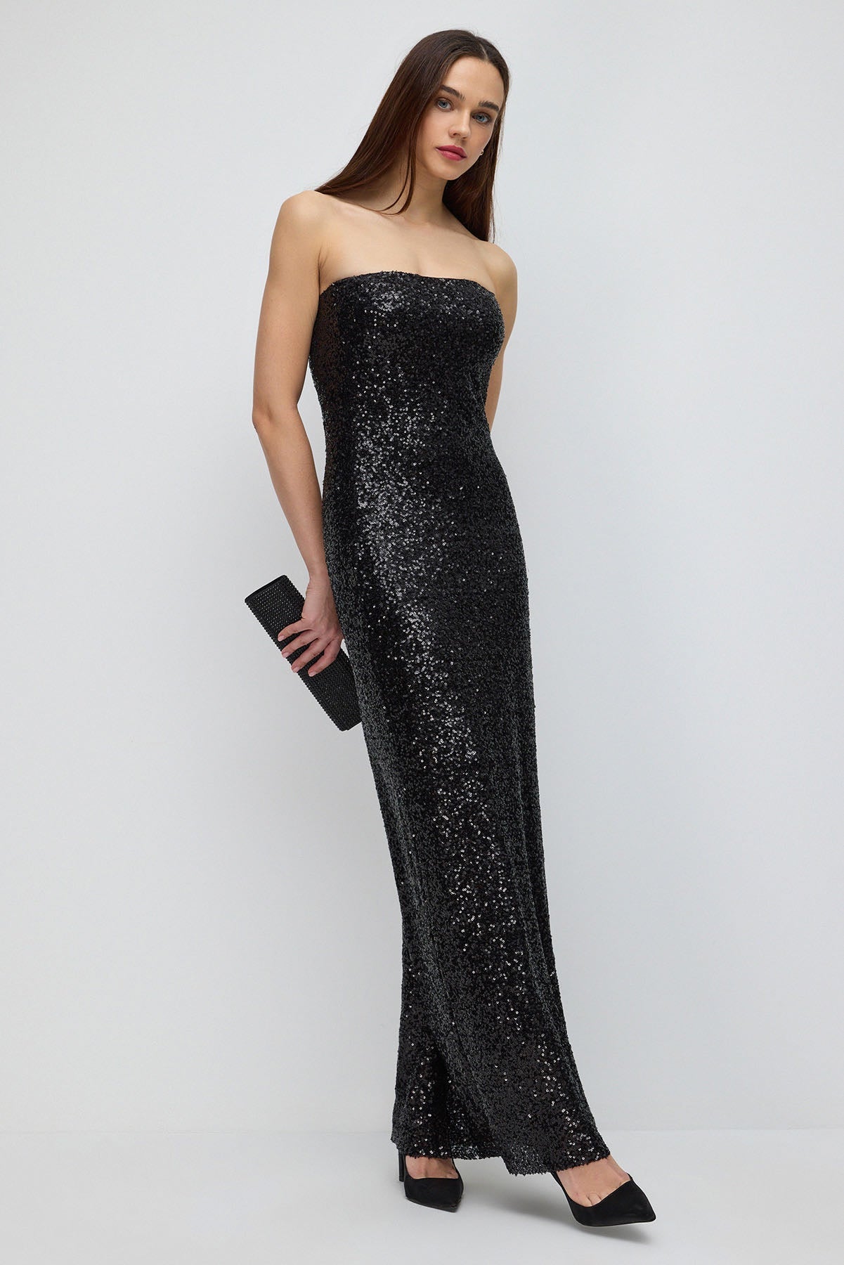 Paillettenbesetztes trägerloses Maxikleid