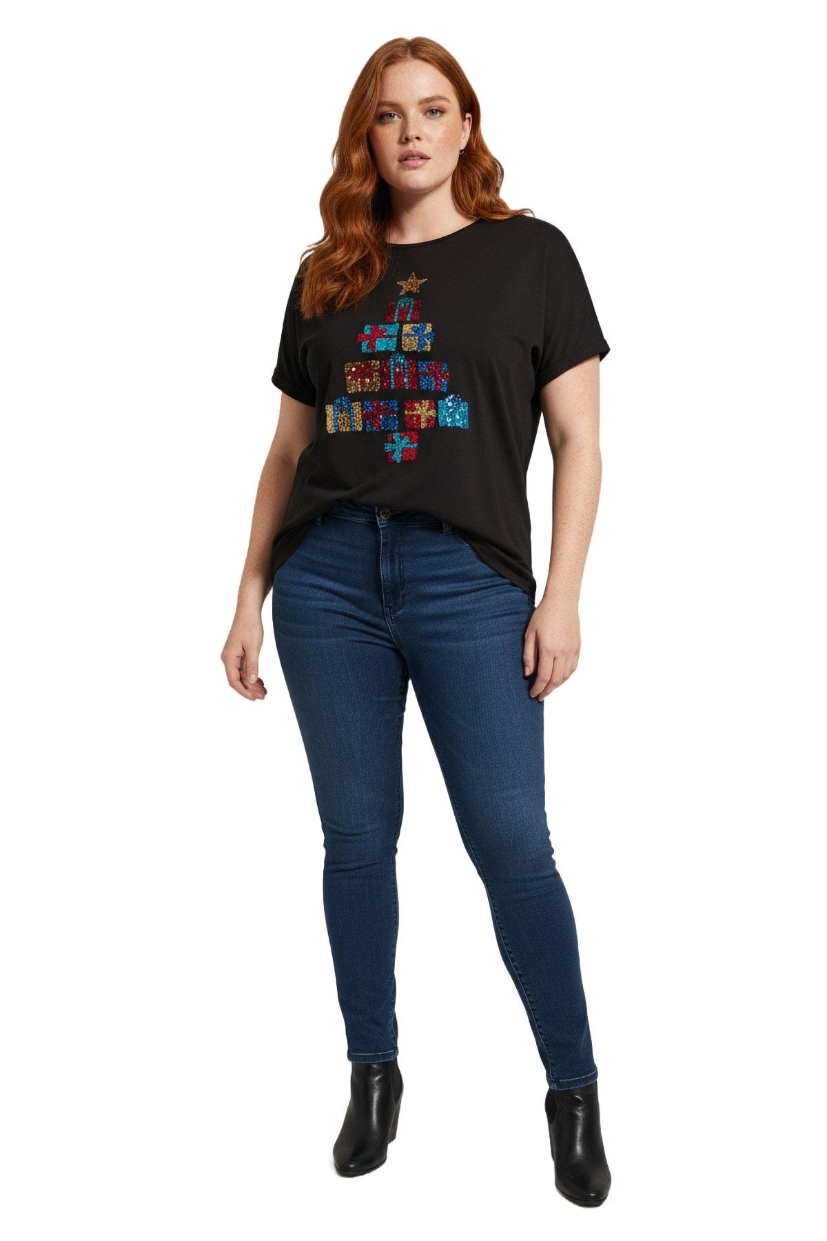 Paillettenbesetztes T-Shirt mit Weihnachtsbaummotiv
