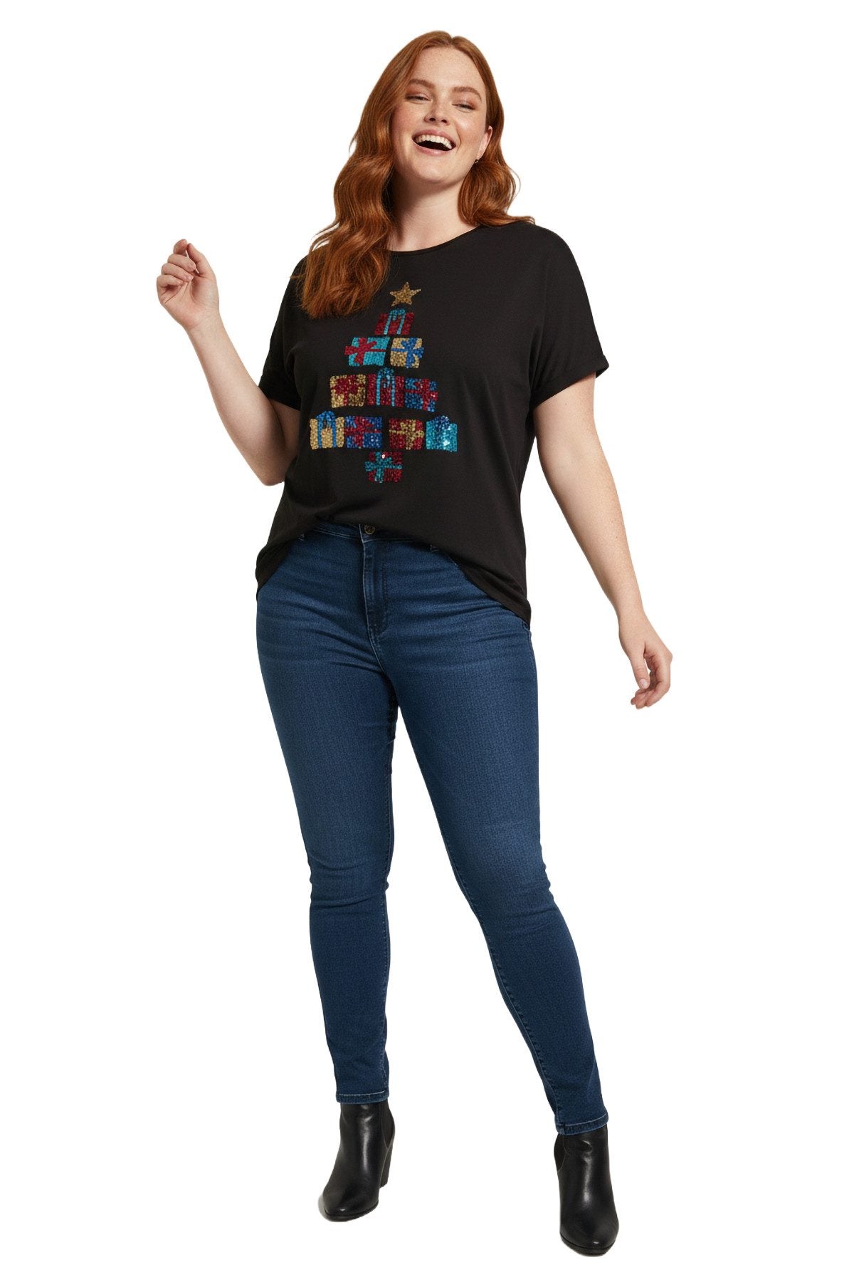 Paillettenbesetztes T-Shirt mit Weihnachtsbaummotiv
