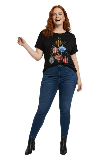 Paillettenbesetztes T-Shirt mit Weihnachtskugelmuster
