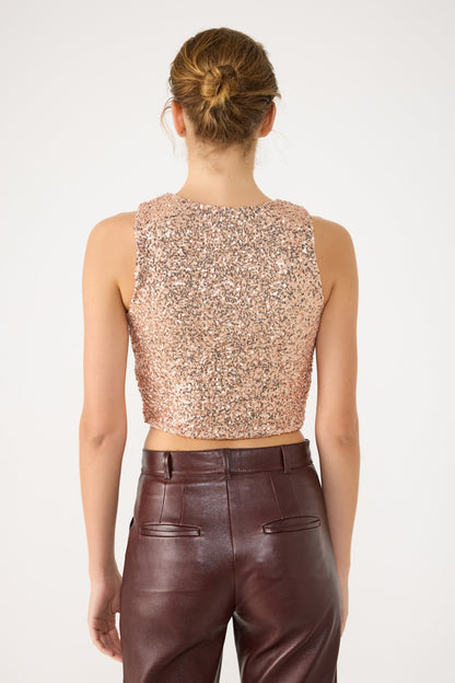 Ärmellose Bluse mit Paillettenbesatz und Rundhalsausschnitt