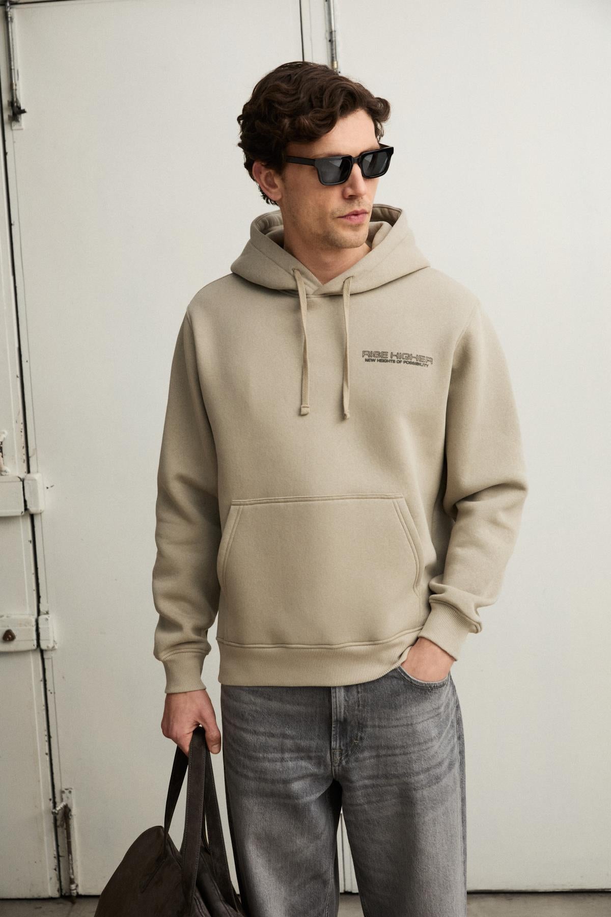 GRIMELANGE PLAIN Herren Hoodie mit Fleece-Futter Steinfarbe