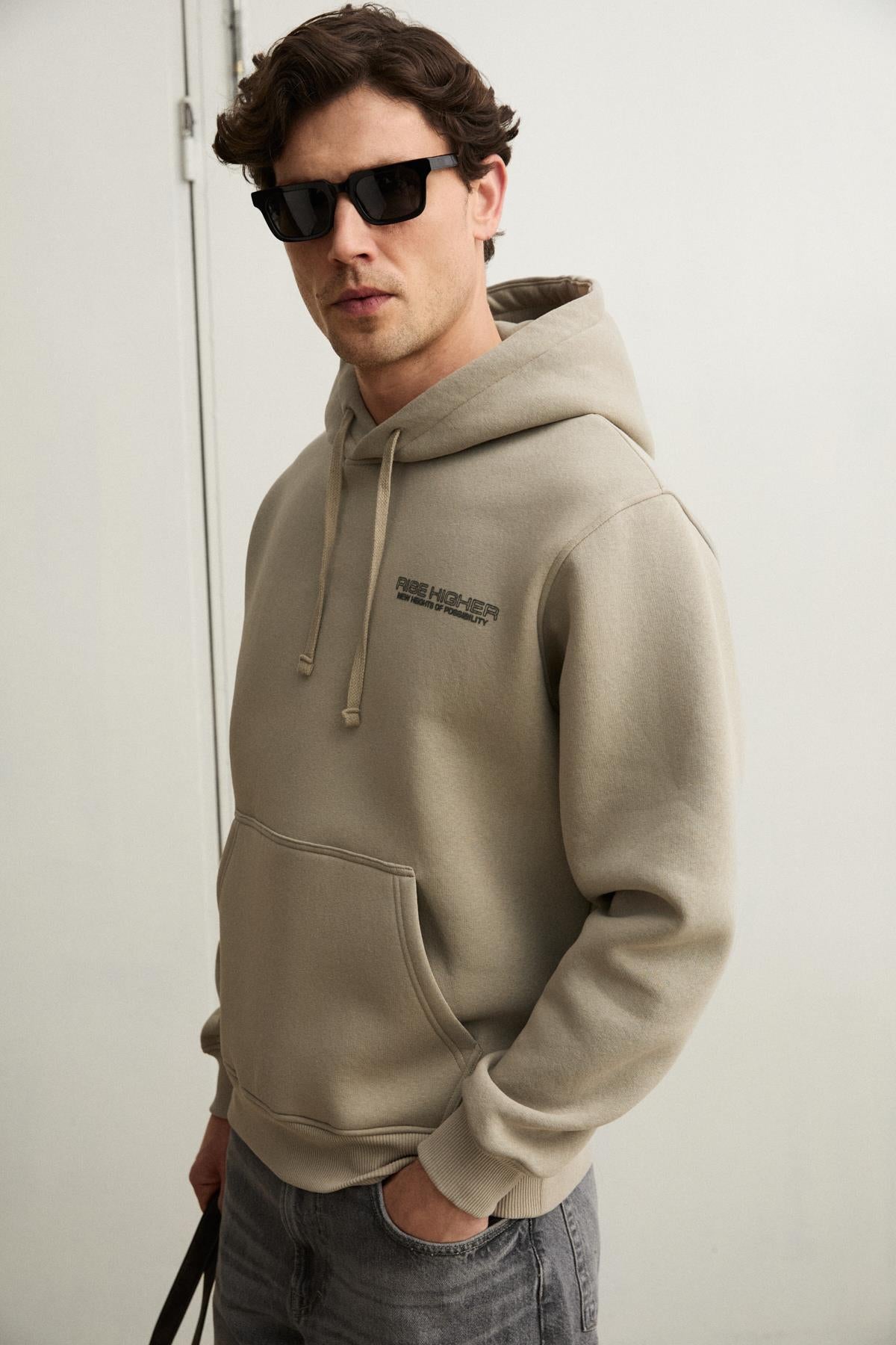 GRIMELANGE PLAIN Herren Hoodie mit Fleece-Futter Steinfarbe