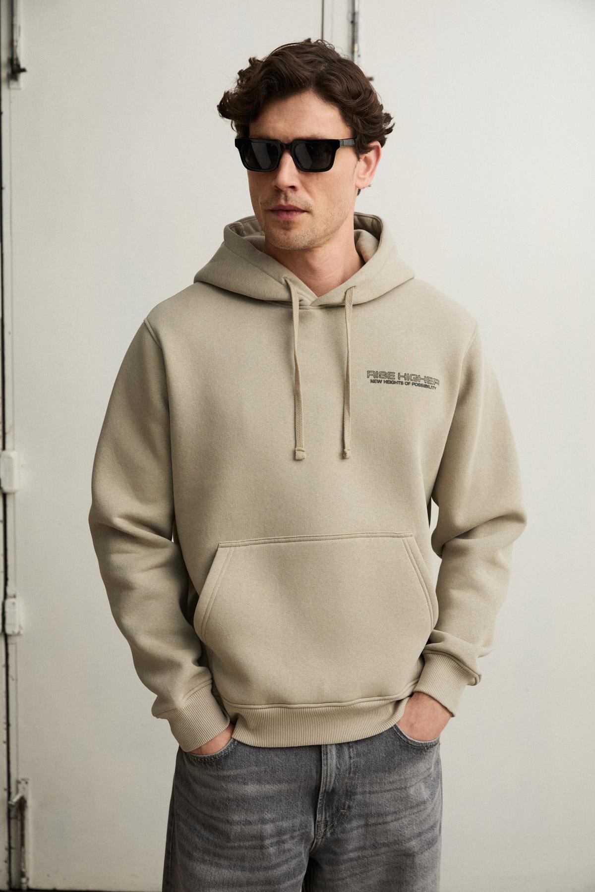 GRIMELANGE PLAIN Herren Hoodie mit Fleece-Futter Steinfarbe