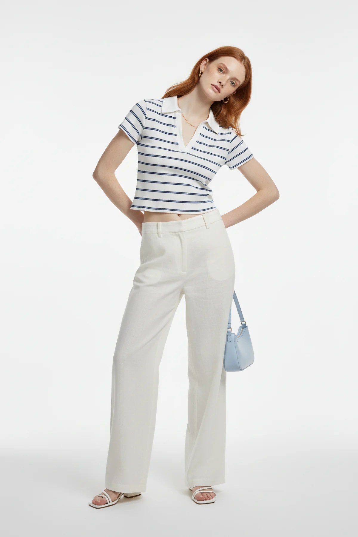Gestreiftes Polo-Kragen Crop T-Shirt