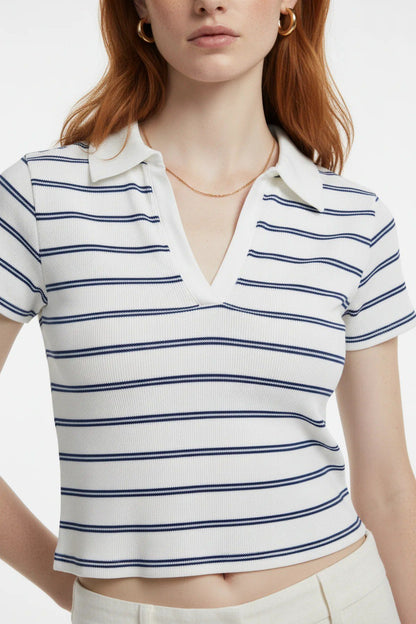 Gestreiftes Polo-Kragen Crop T-Shirt