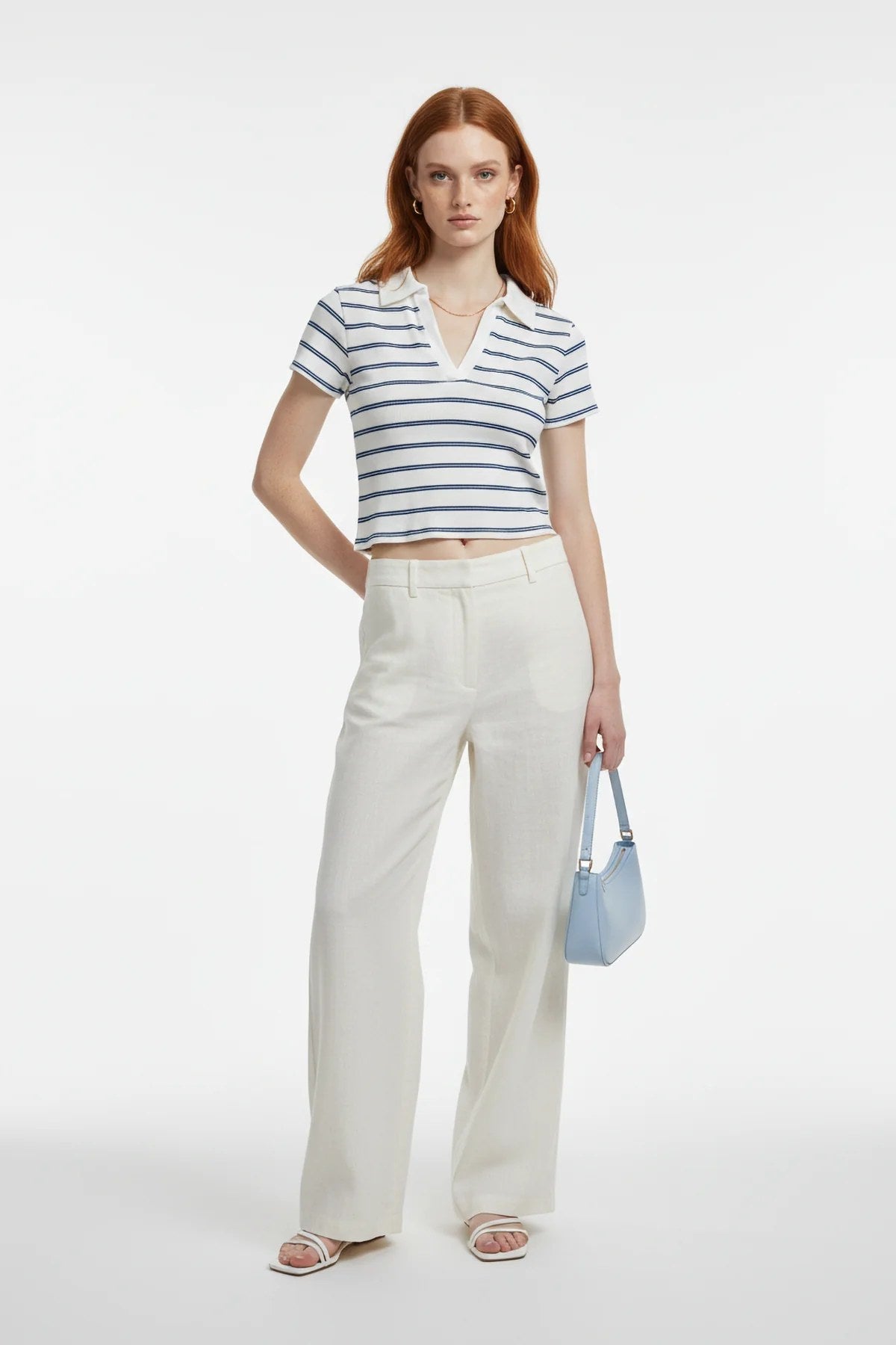 Gestreiftes Polo-Kragen Crop T-Shirt