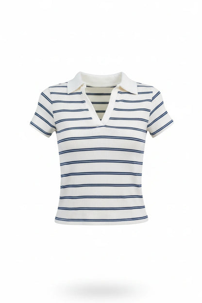 Gestreiftes Polo-Kragen Crop T-Shirt