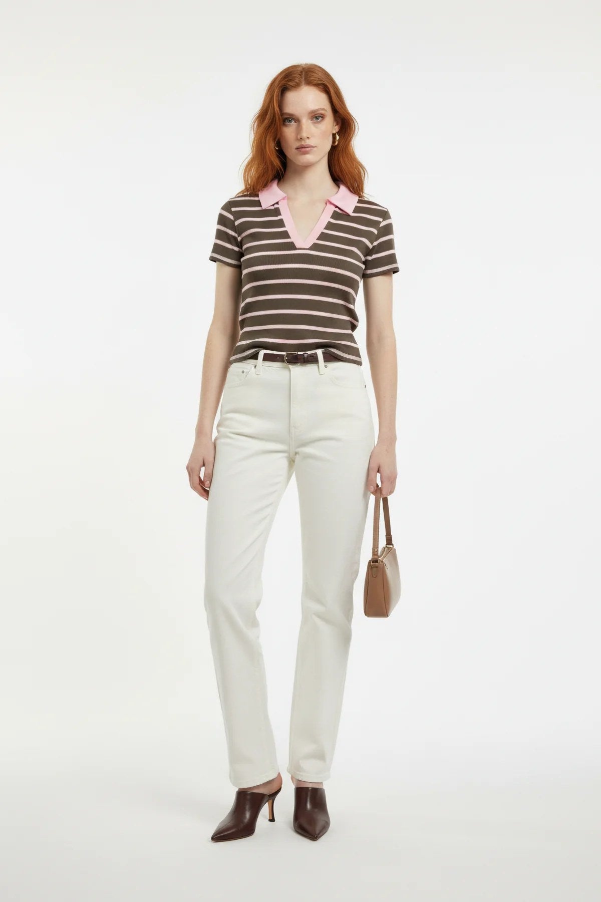 Gestreiftes Polo-Kragen Crop T-Shirt