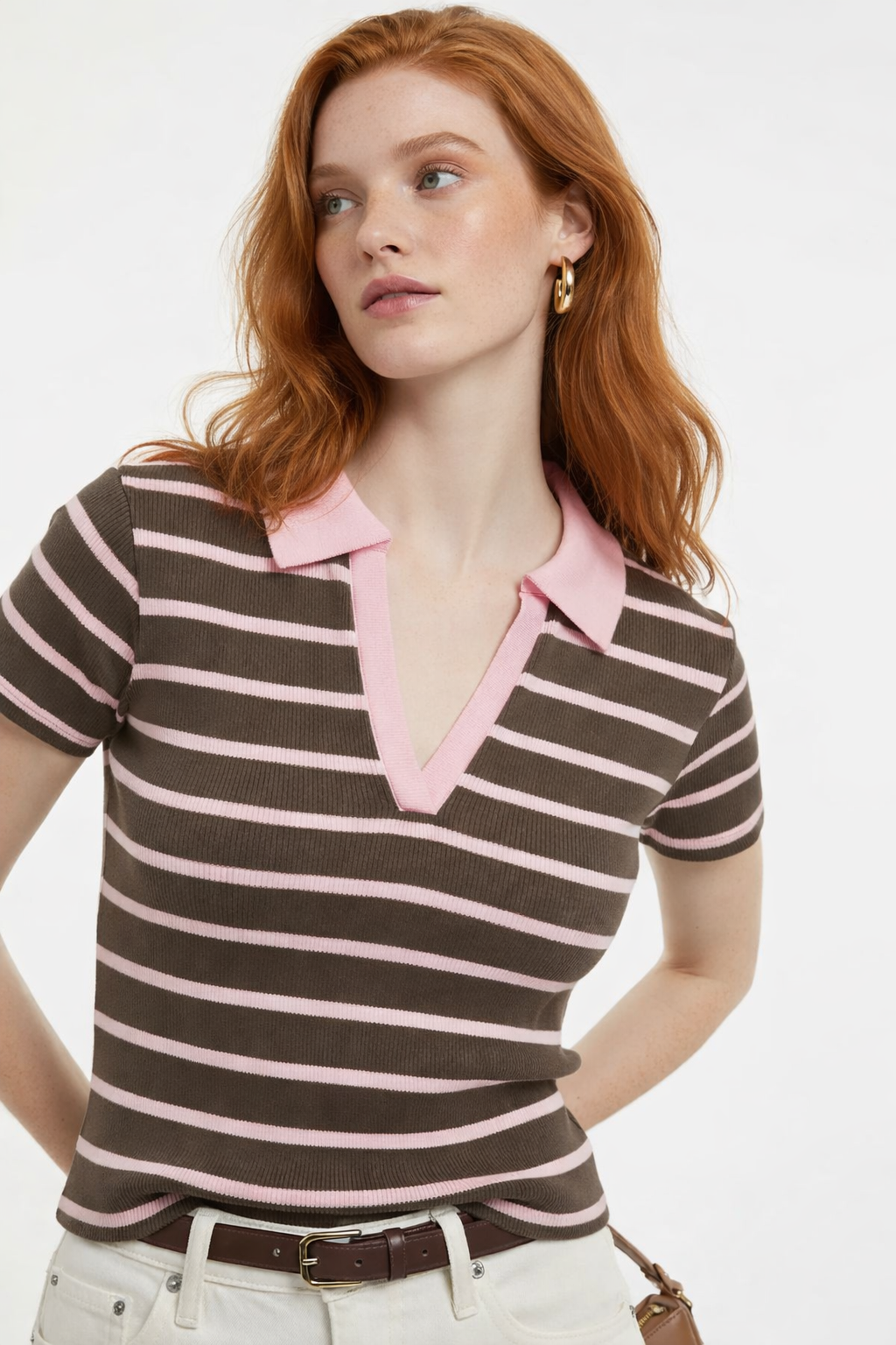 Gestreiftes Polo-Kragen Crop T-Shirt