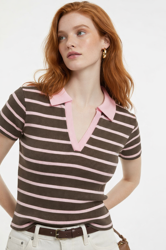 Gestreiftes Polo-Kragen Crop T-Shirt