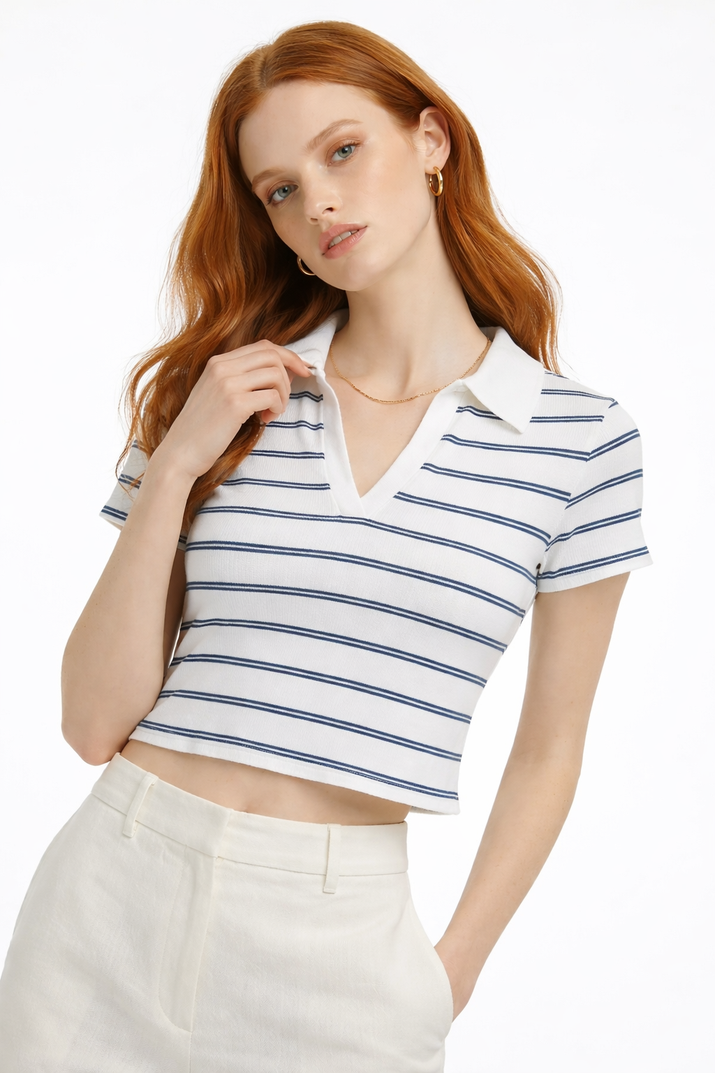 Gestreiftes Polo-Kragen Crop T-Shirt