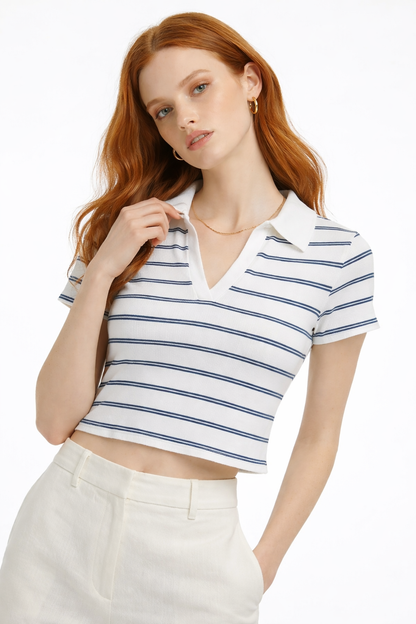 Gestreiftes Polo-Kragen Crop T-Shirt