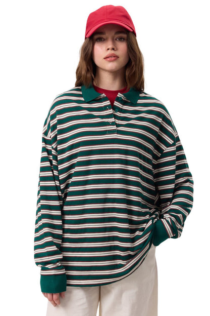 Grün gestreiftes Sweatshirt mit Polokragen