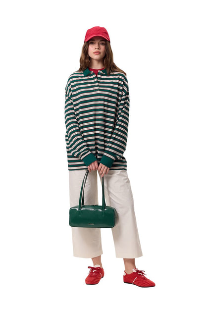 Grün gestreiftes Sweatshirt mit Polokragen