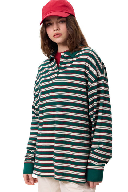 Grün gestreiftes Sweatshirt mit Polokragen