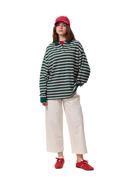 Grün gestreiftes Sweatshirt mit Polokragen
