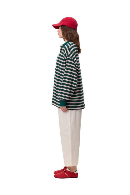 Grün gestreiftes Sweatshirt mit Polokragen