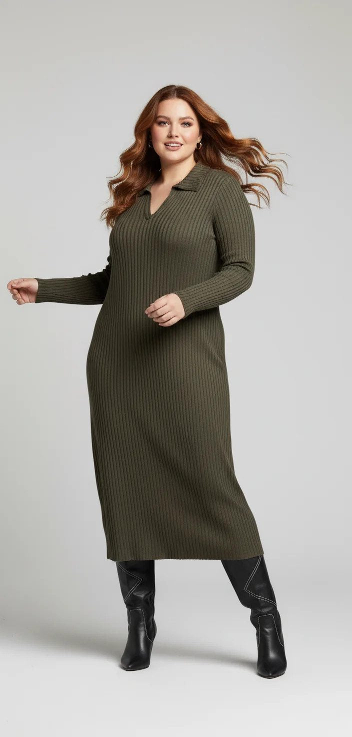 Geripptes Midikleid mit Polokragen