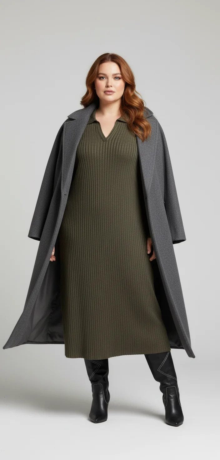 Geripptes Midikleid mit Polokragen