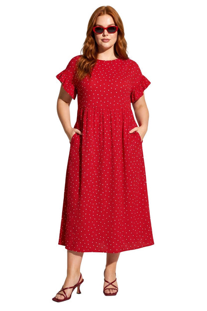 Punkte Midi Kleid mit Taschen und Rüsche
