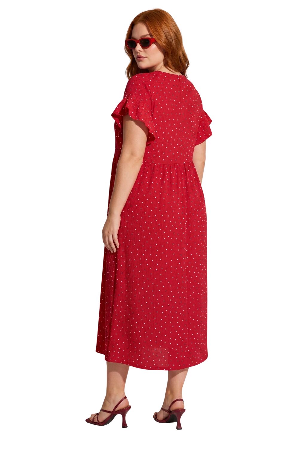 Punkte Midi Kleid mit Taschen und Rüsche