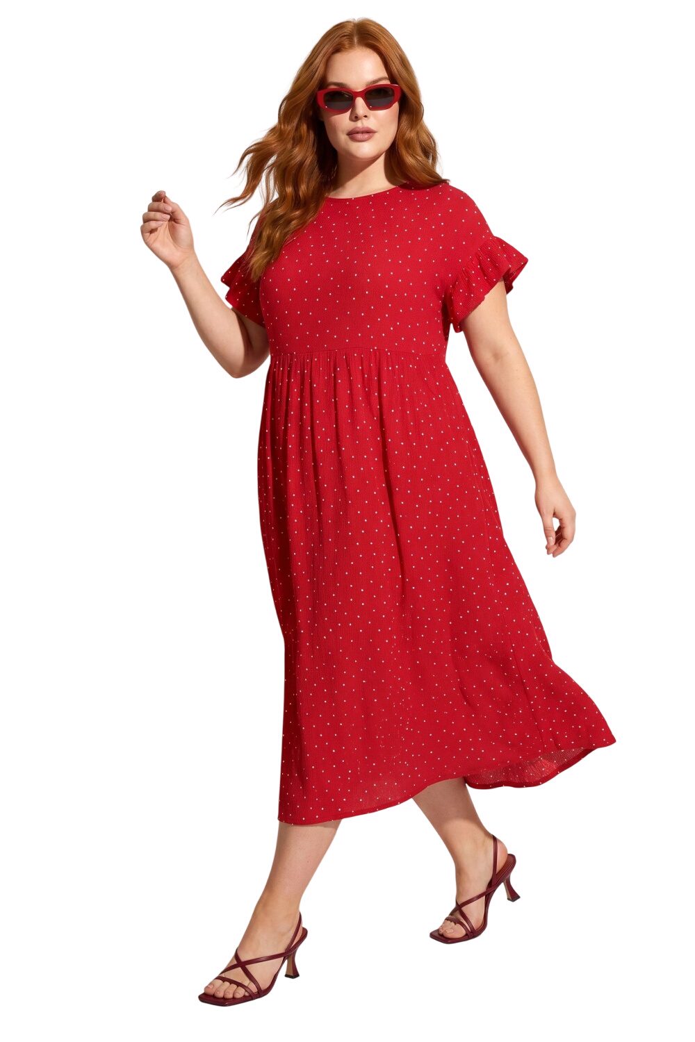 Punkte Midi Kleid mit Taschen und Rüsche
