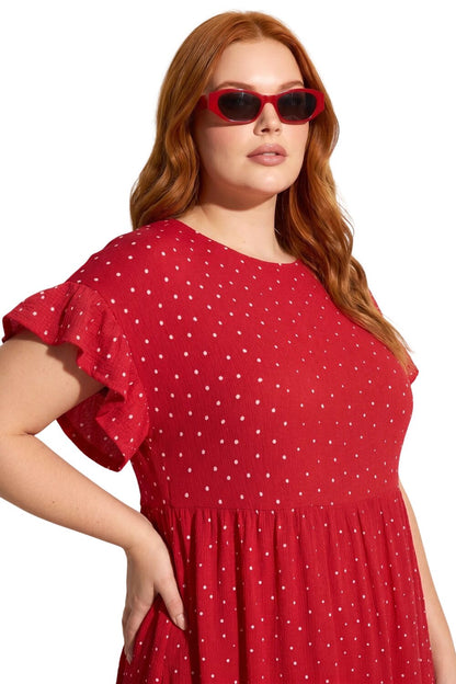 Punkte Midi Kleid mit Taschen und Rüsche