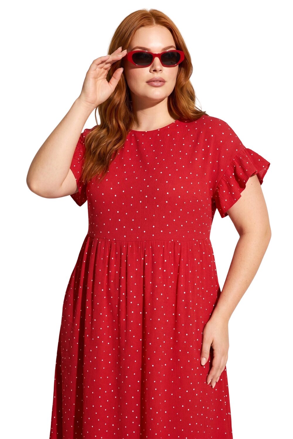 Punkte Midi Kleid mit Taschen und Rüsche