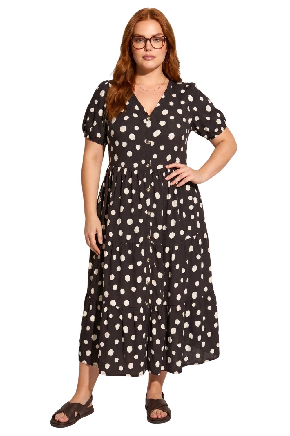 Punkte V-Ausschnitt Midi Kleid