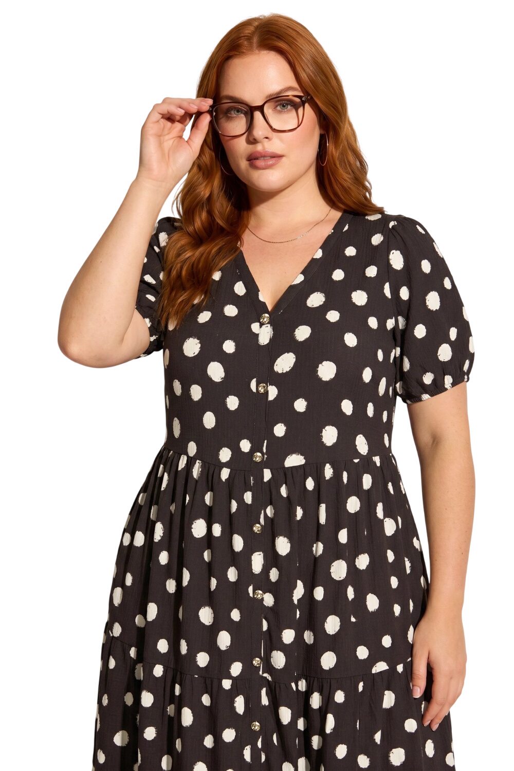 Punkte V-Ausschnitt Midi Kleid
