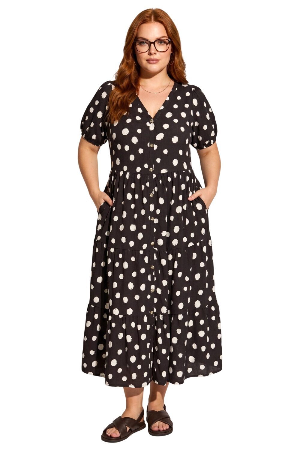 Punkte V-Ausschnitt Midi Kleid