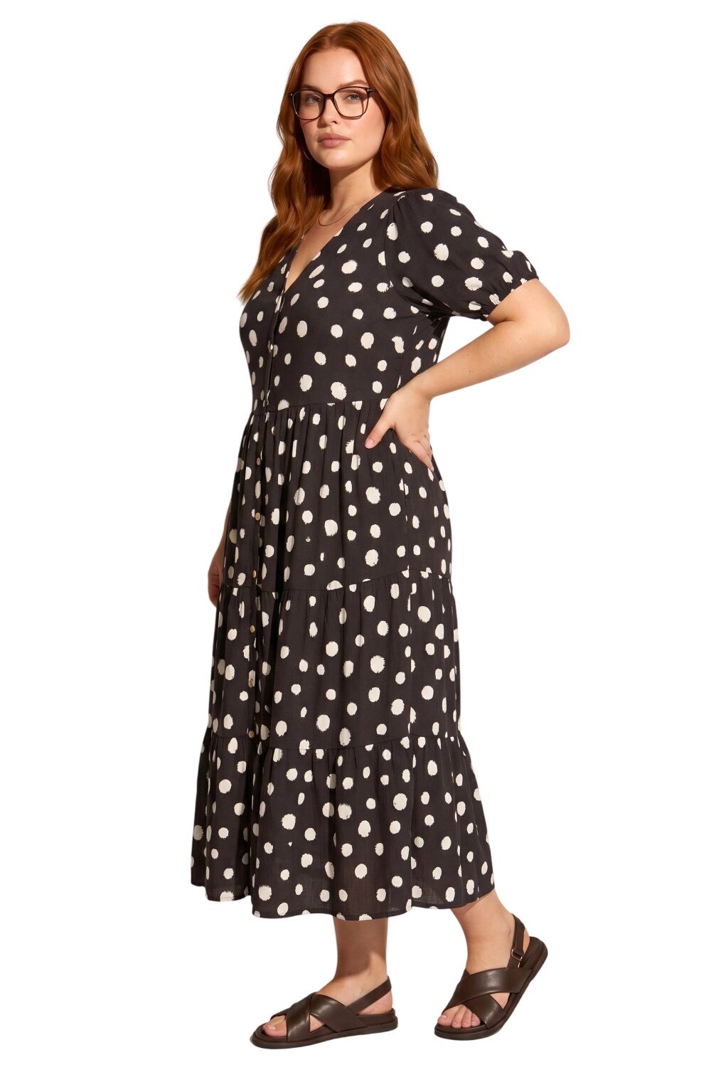 Punkte V-Ausschnitt Midi Kleid