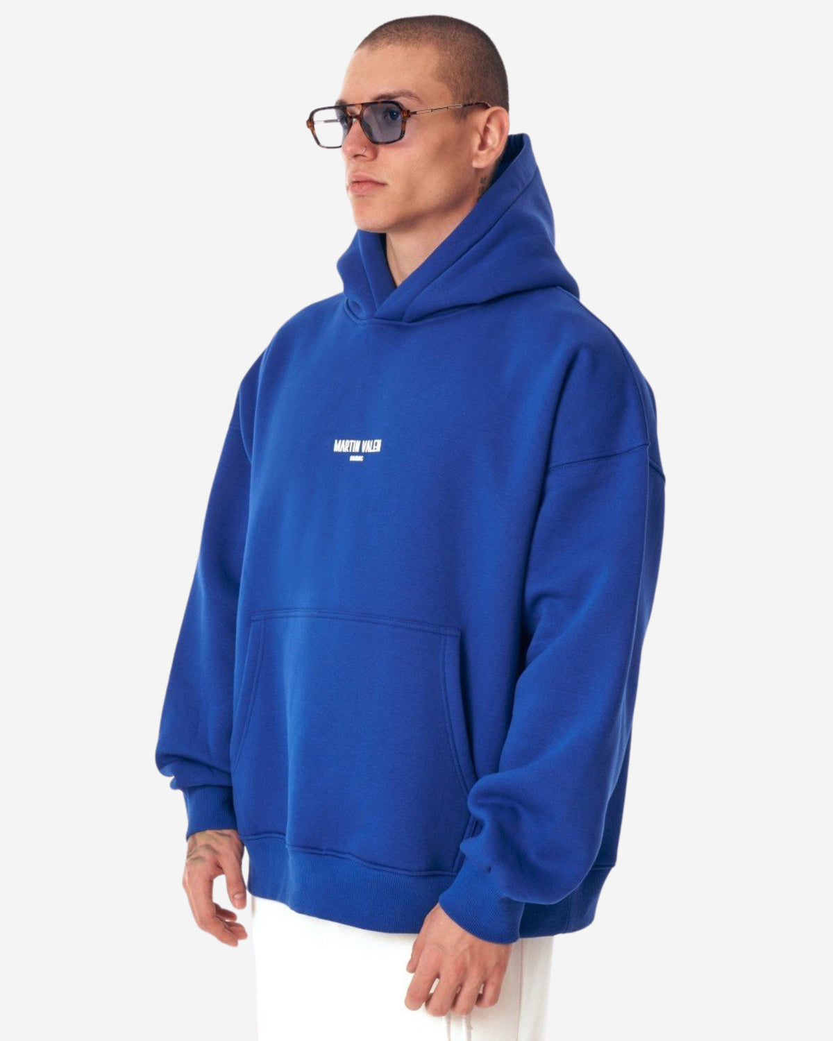 Extra Großer Blauer Kapuzenpullover mit Puffdruck