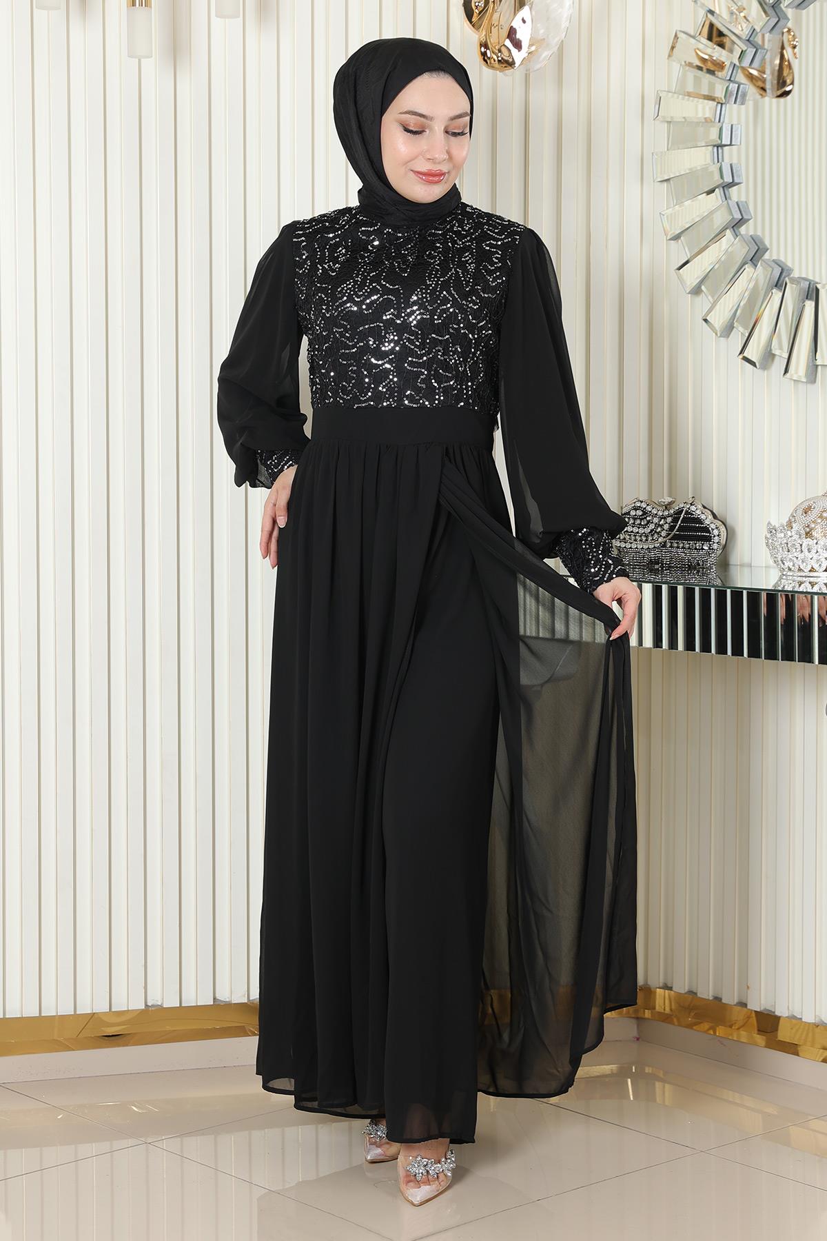 Schwarzes Chiffon-Set mit Perlenverzierungen - MSW19190-1