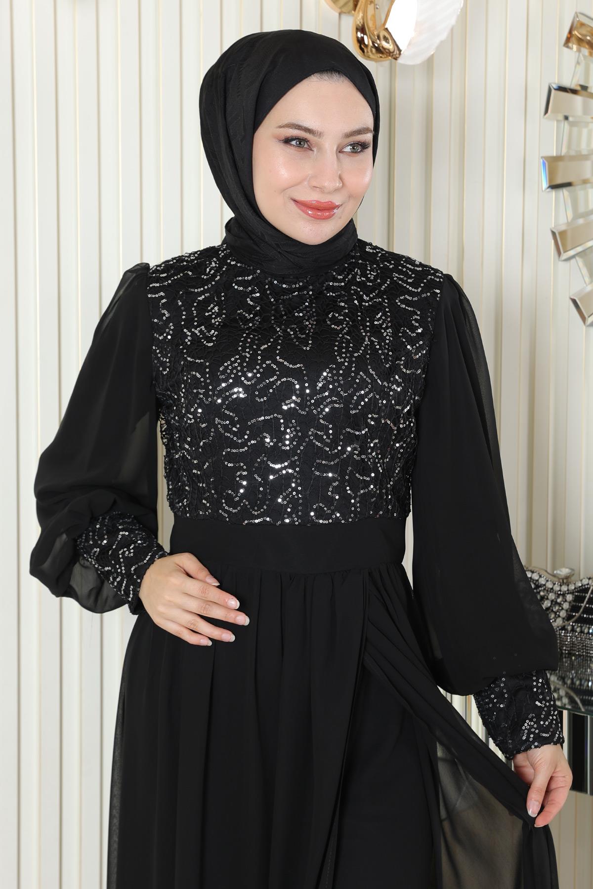 Schwarzes Chiffon-Set mit Perlenverzierungen - MSW19190-1