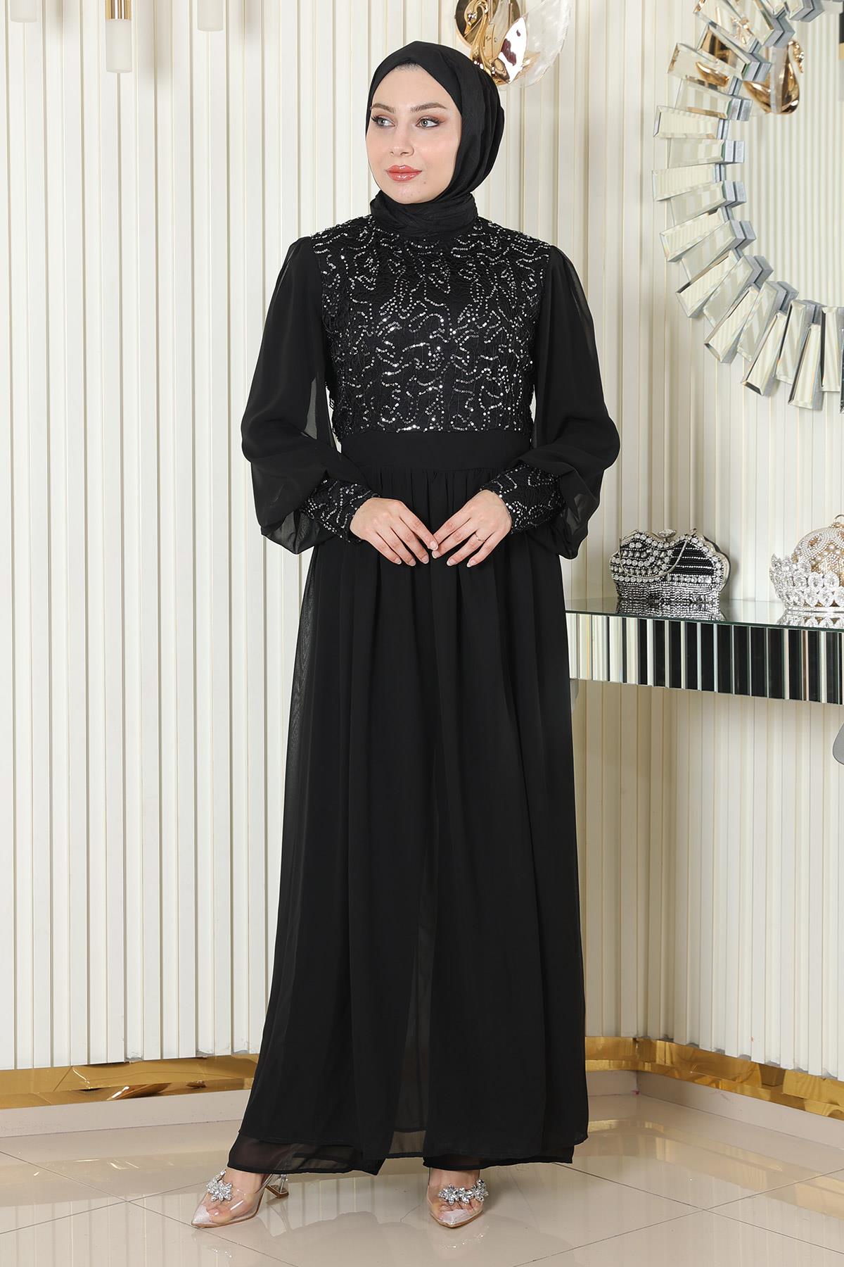 Schwarzes Chiffon-Set mit Perlenverzierungen - MSW19190-1