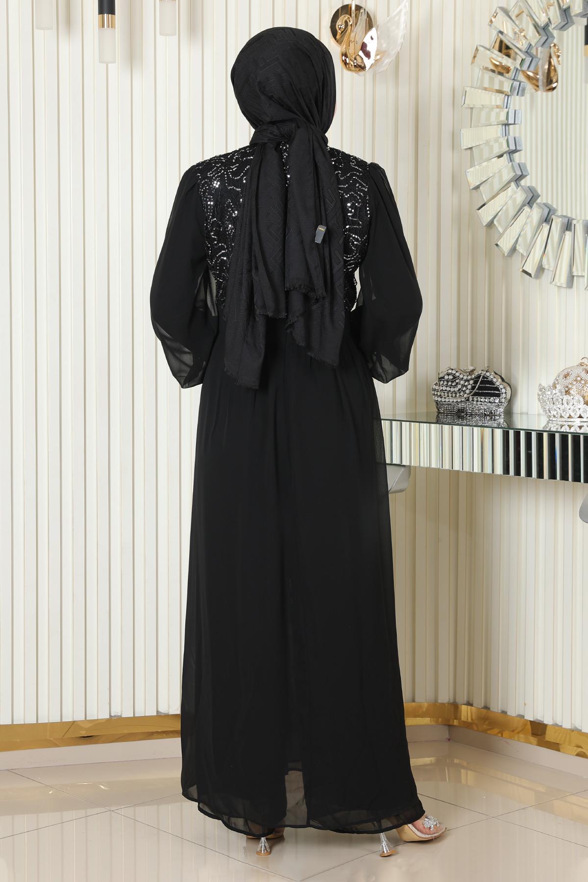 Schwarzes Chiffon-Set mit Perlenverzierungen - MSW19190-1