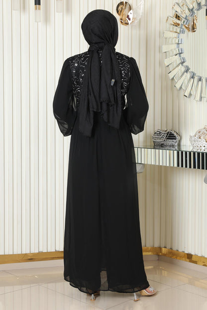 Schwarzes Chiffon-Set mit Perlenverzierungen - MSW19190-1
