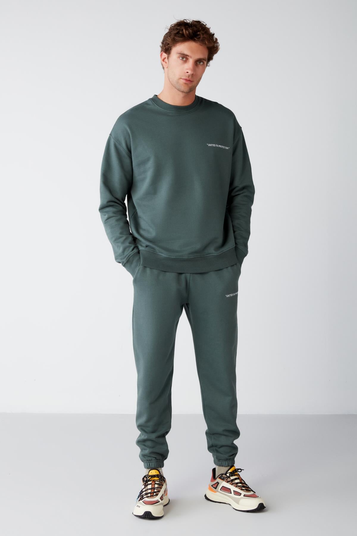 GRIMELANGE Raırok Herren Beige Fleece Sweatshirt Dunkelgrün