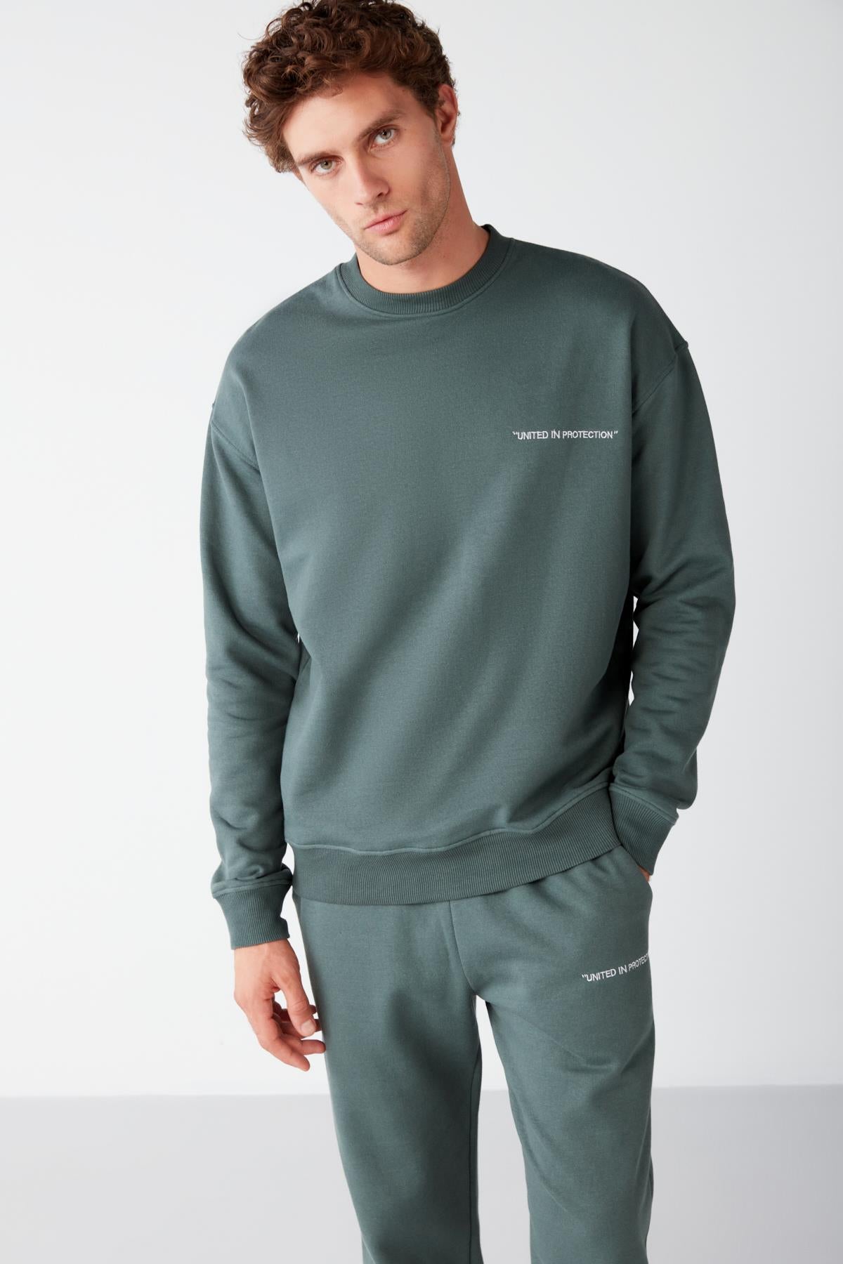 GRIMELANGE Raırok Herren Beige Fleece Sweatshirt Dunkelgrün