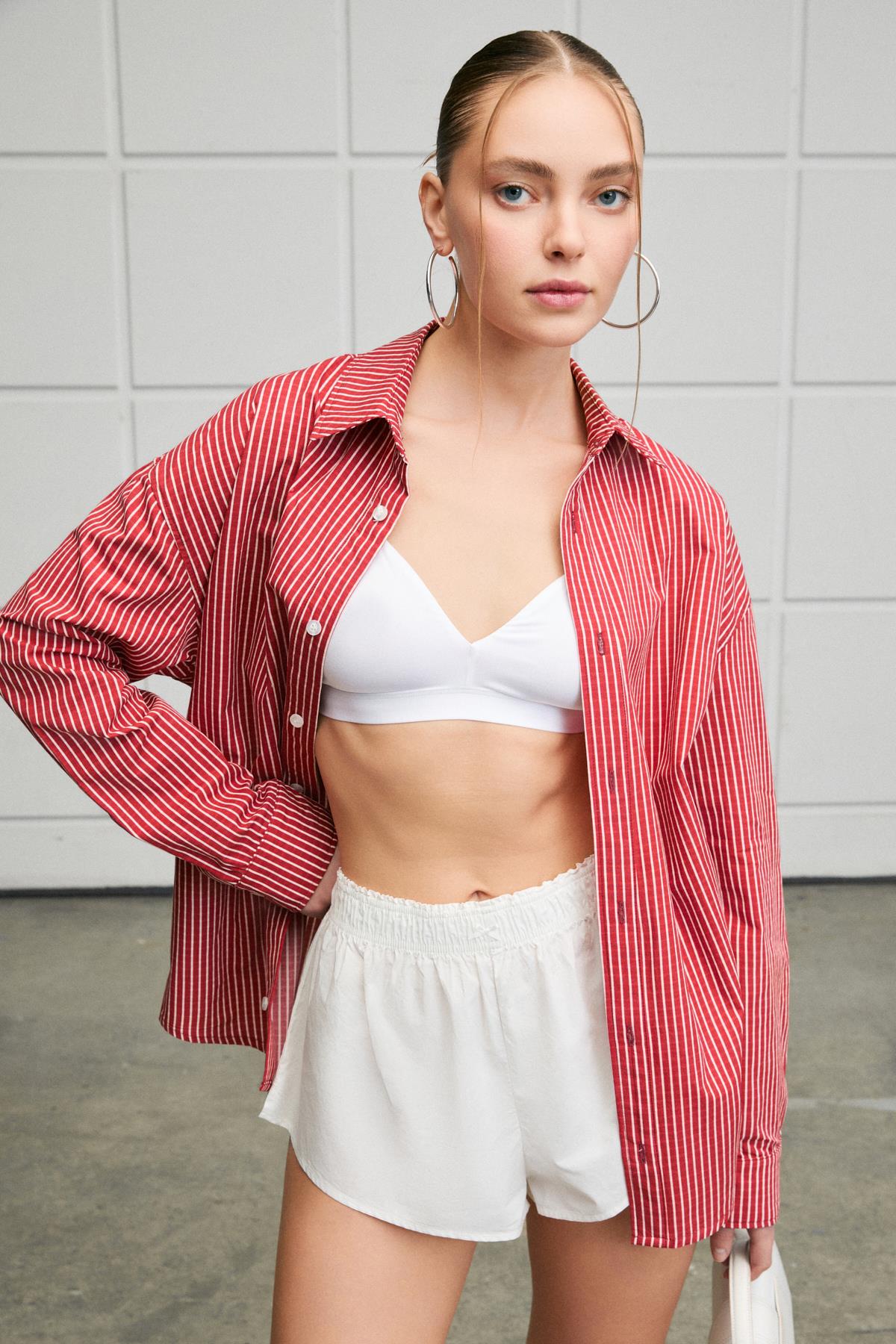 GRIMELANGE Damen Streifenhemd Regular Fit Rot