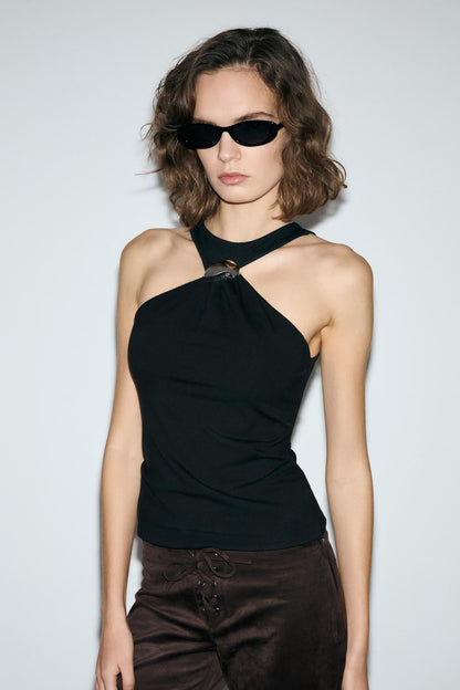 REYNIRA Damen Neckholder Bluse Schnalle