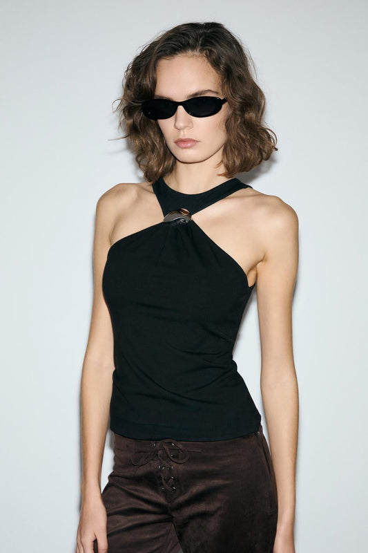 REYNIRA Damen Neckholder Bluse Schnalle