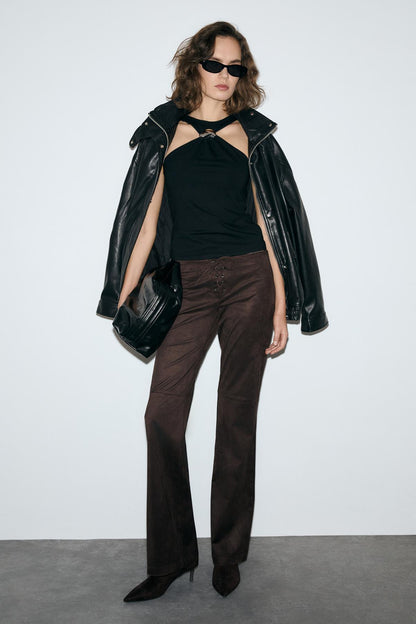 REYNIRA Damen Neckholder Bluse Schnalle