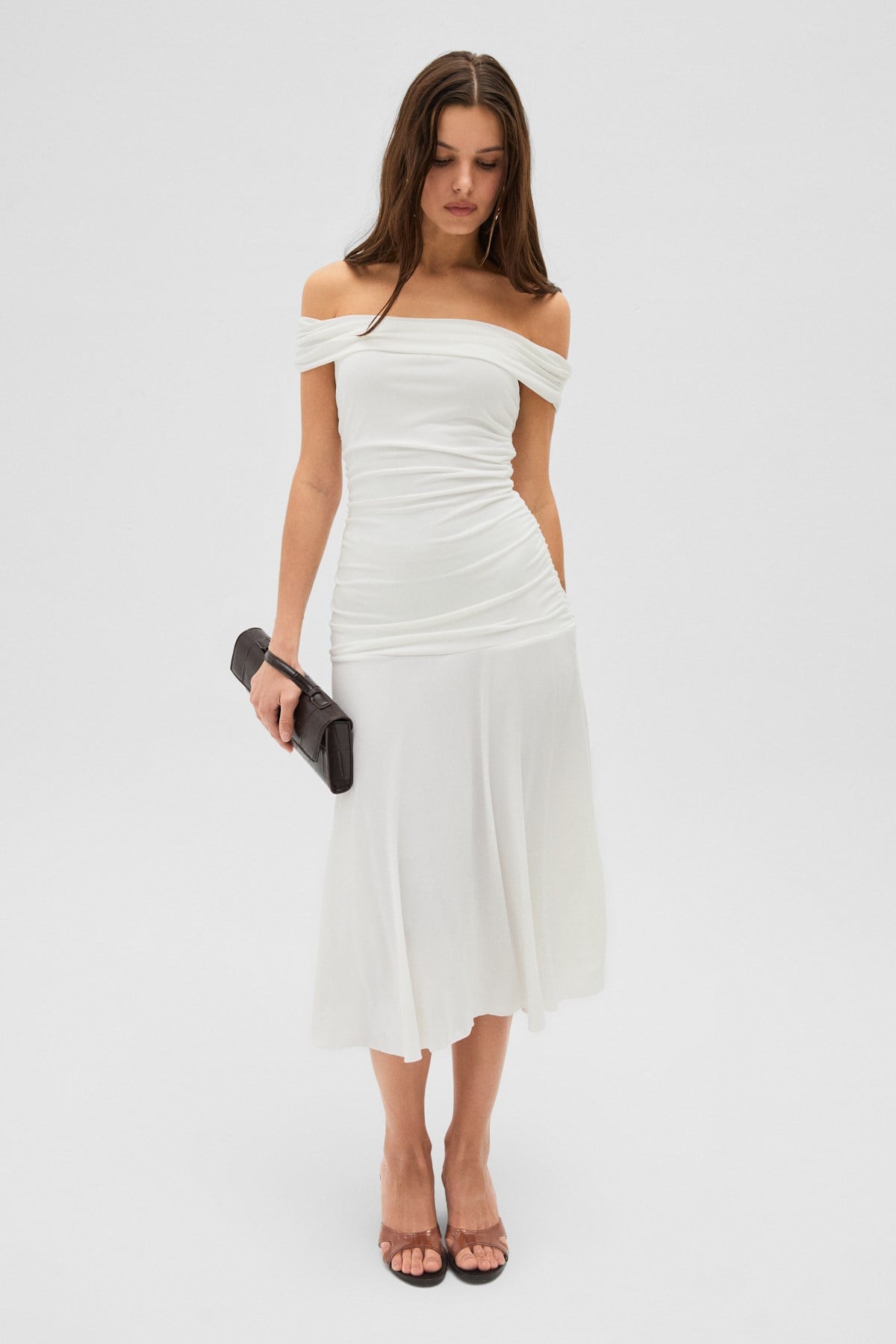 ETHIQUET SABLE Off-Shoulder Gerafftes Maxikleid Weiß
