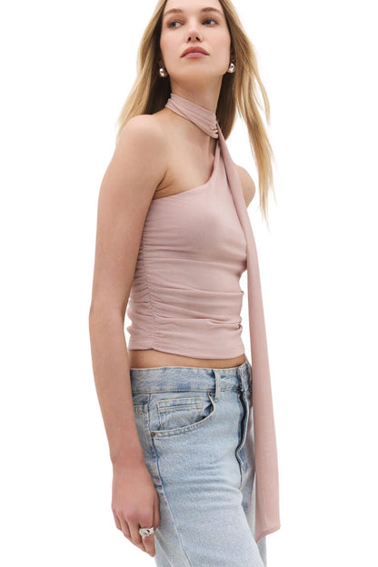 Asymmetrische Bluse mit einem Träger und Schalkragen