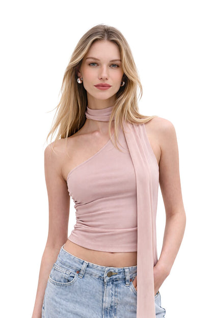 Asymmetrische Bluse mit einem Träger und Schalkragen