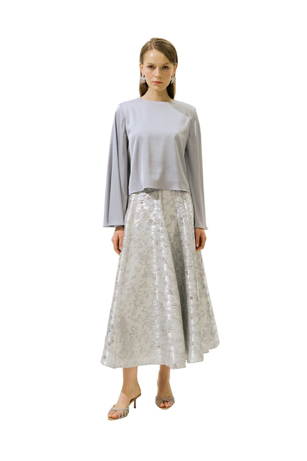 Manuka Schwarze Satinbluse mit weiten Ärmeln Lilac