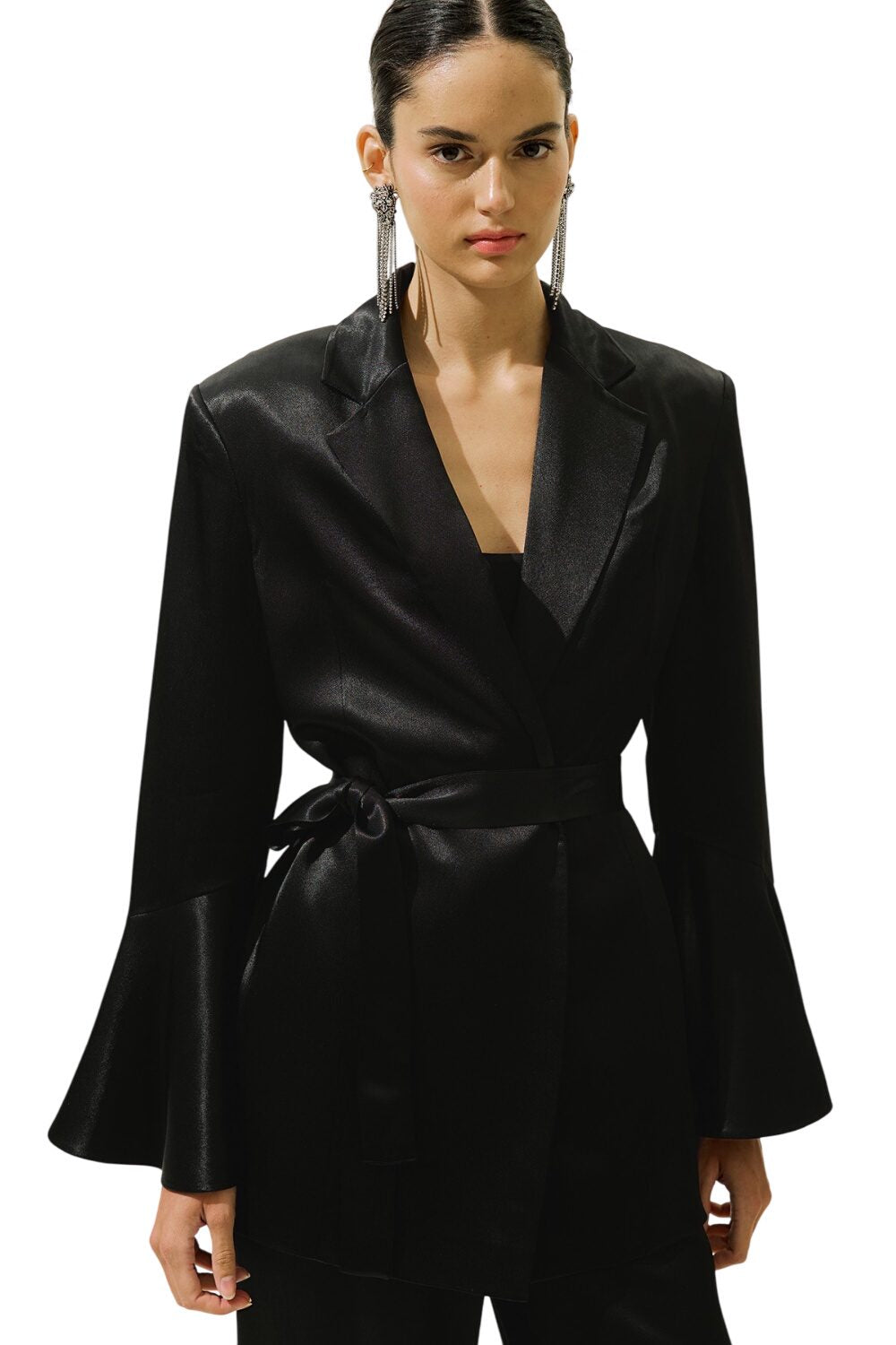 Abendjacke aus Satin mit Gürtel, schwarz